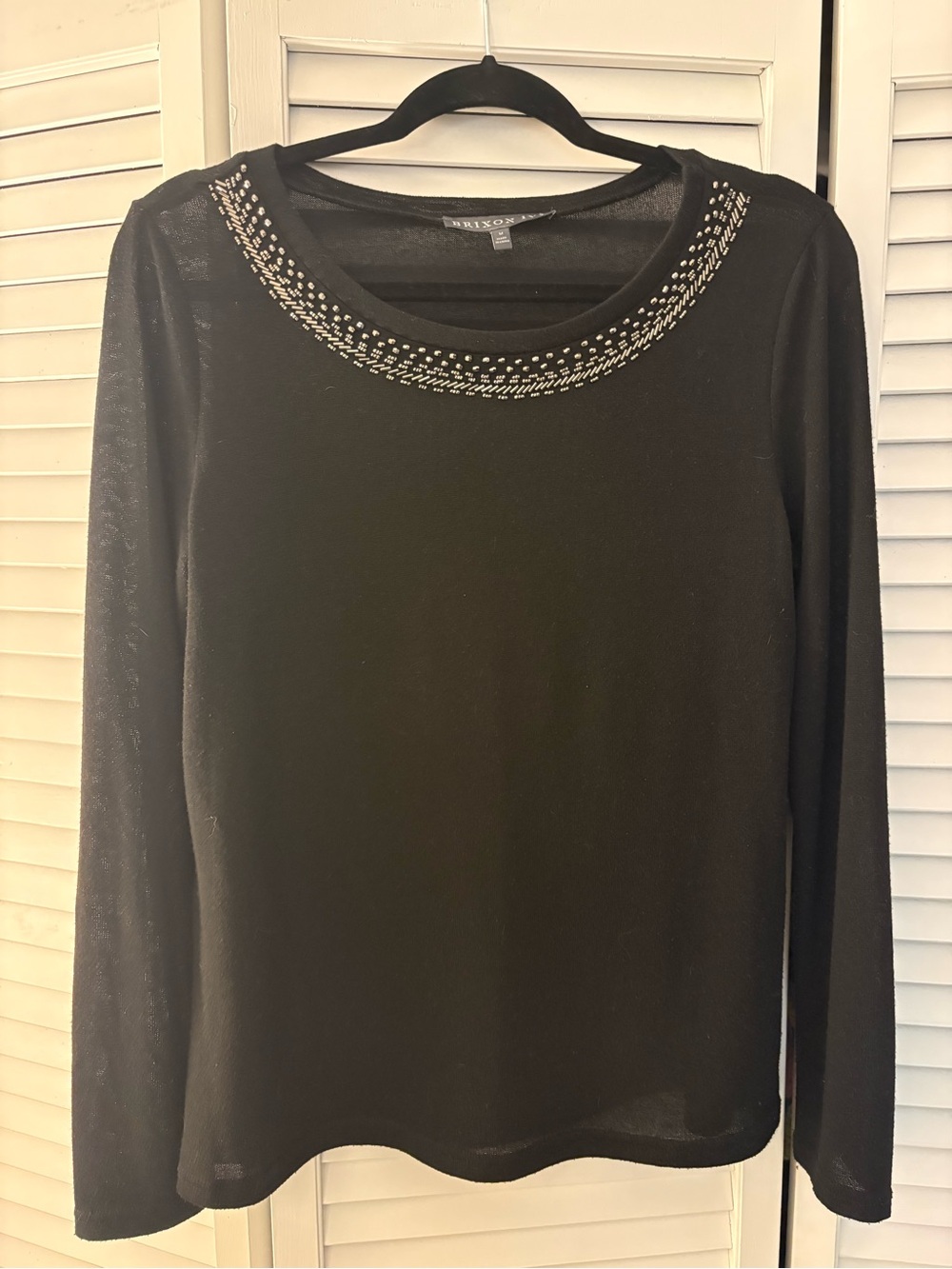 Brixon Ivy Black Long-Sleeve Top with Beaded Scoop Neck